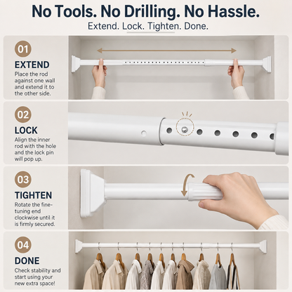 💥50% OFF🛠️ Drill-Free Tension Rod — No Tools, No Holes, No Hassle
