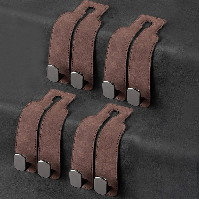 Leather Car Seat Headrest Hooks – Double Metal Purse & Bag Hangers
