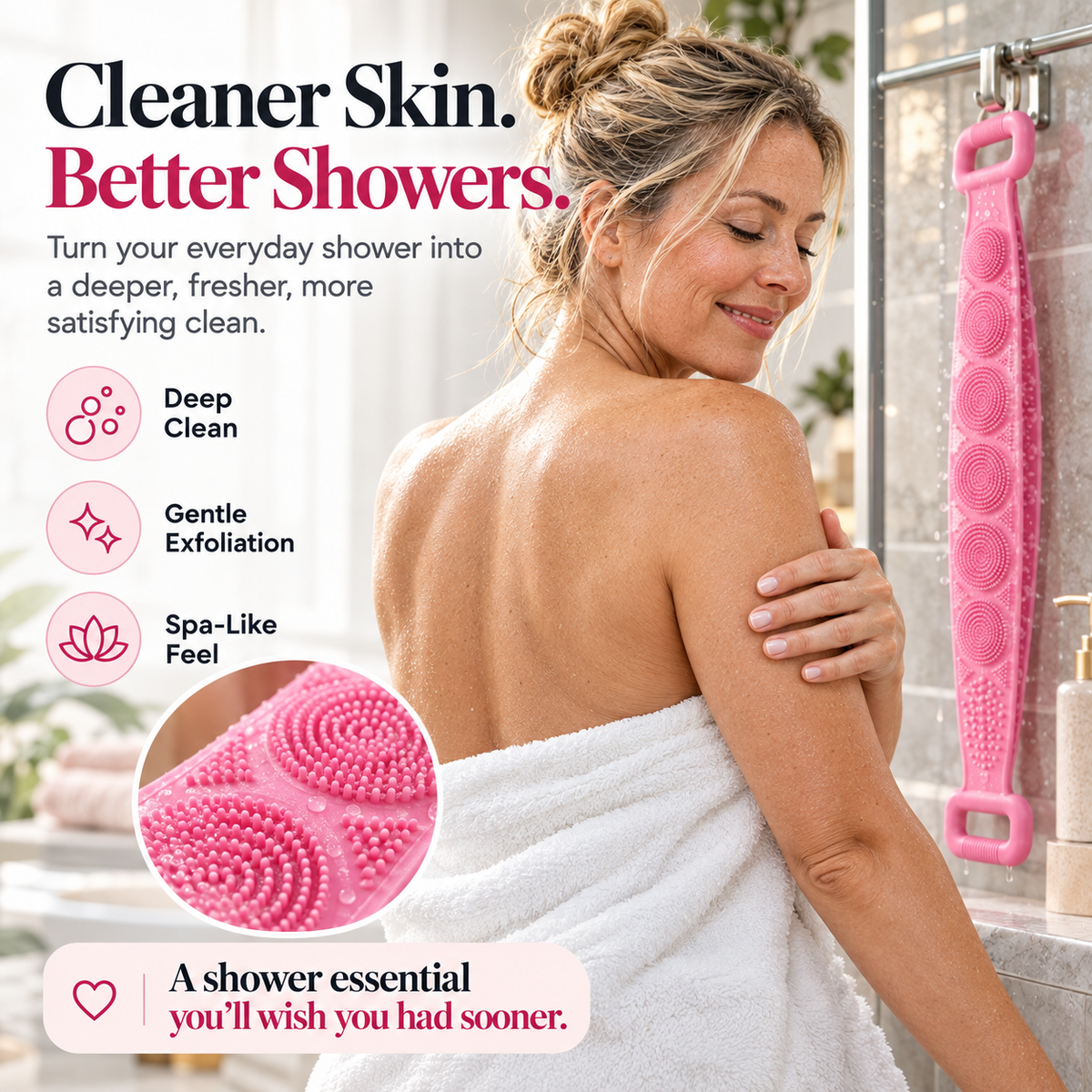 Silicone Back Scrubber Belt – Exfoliating Shower Strap with Easy-Grip Handles