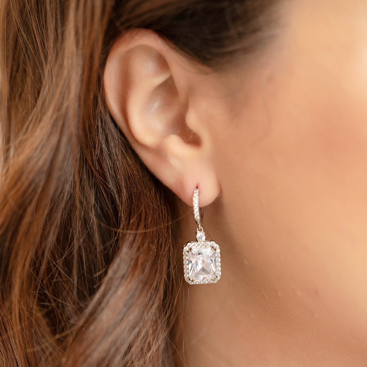 Emerald-cut Halo Earrings in Silver - Transitions Perfectly from Day to Night