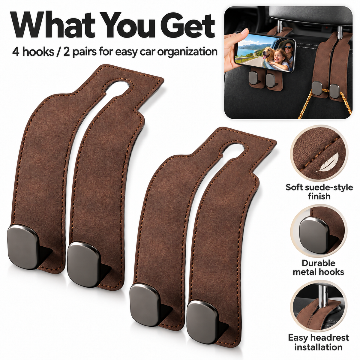 Leather Car Seat Headrest Hooks – Double Metal Purse & Bag Hangers