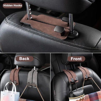 Leather Car Seat Headrest Hooks – Double Metal Purse & Bag Hangers