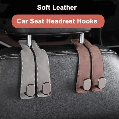 Leather Car Seat Headrest Hooks – Double Metal Purse & Bag Hangers